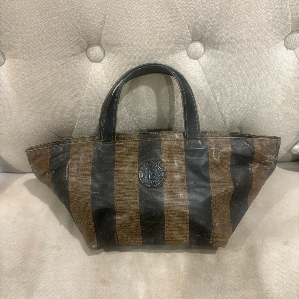 Fendi Striped Canvas Tote with Round Logo Patch - Brown & Black